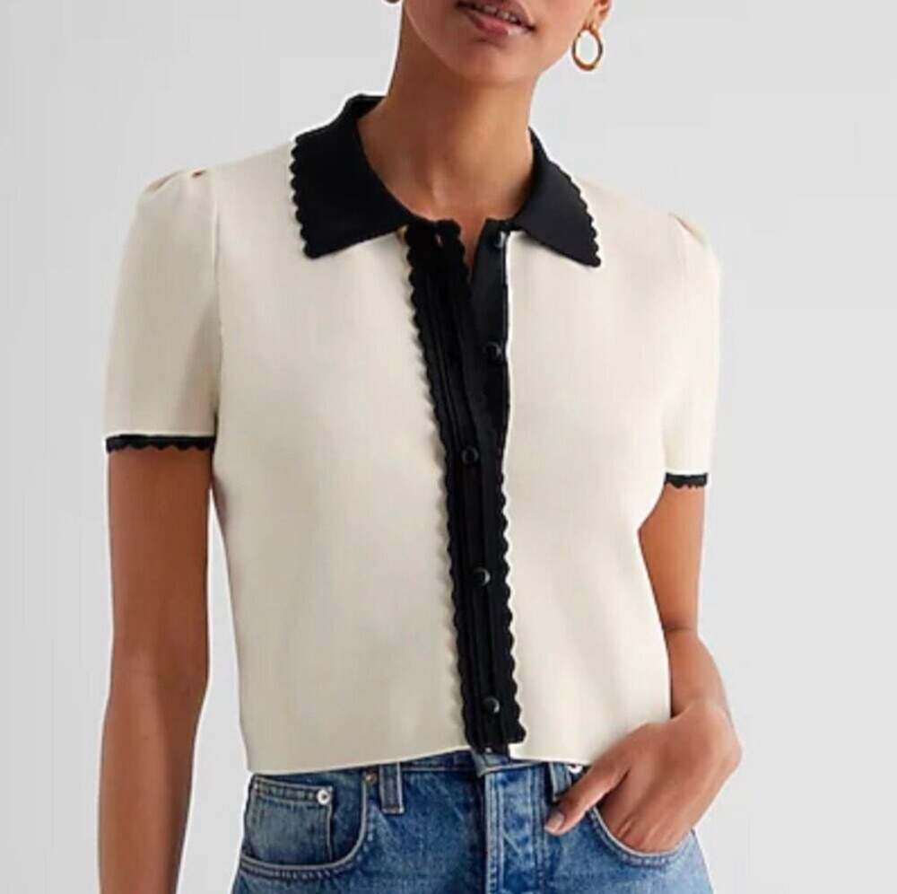 Truth by Republic White Scalloped Trim Knit Button-Up Top Size XS